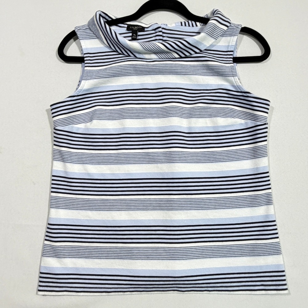 Talbots Stripe Tank Top Women's MP Blue White Sleeveless Mock Neck Shell Casual
